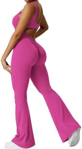 Women Sleeveless Flare Jumpsuits Fitness Yoga Long Pants - Chic Angle